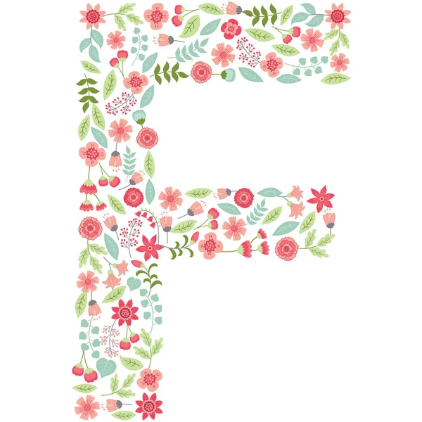 Vector floral brief F. Vector floral abc. Engelse bloemen alfabet. Lettertype vectorillustratie. — Stockvector