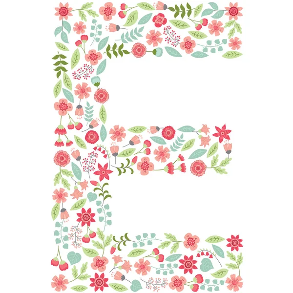 Vector floral brief E. Vector floral abc. Engelse bloemen alfabet. Lettertype vectorillustratie. — Stockvector