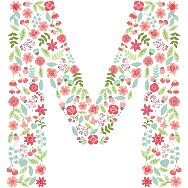 Vector floral letter M. Vector floral abc. English floral alphabet. Font vector illustration. — Stock Vector