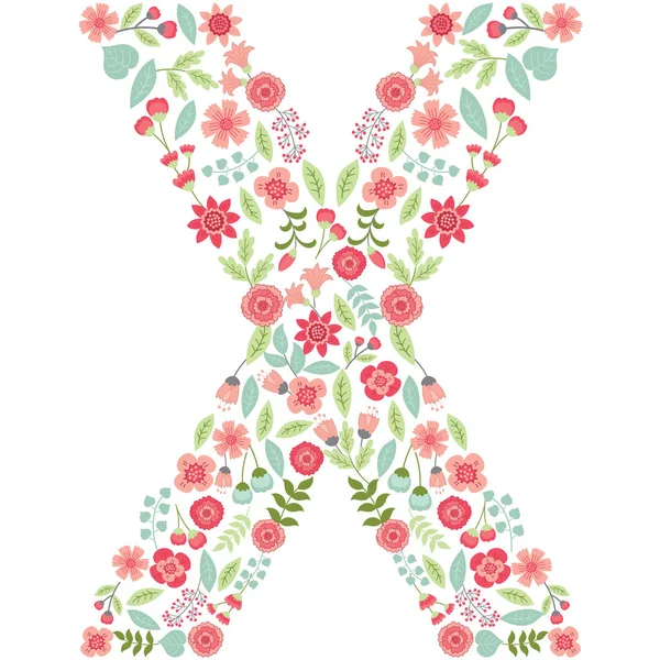 Vetor floral carta X. Vector floral abc. Alfabeto floral inglês. Ilustração vetorial da fonte . —  Vetores de Stock