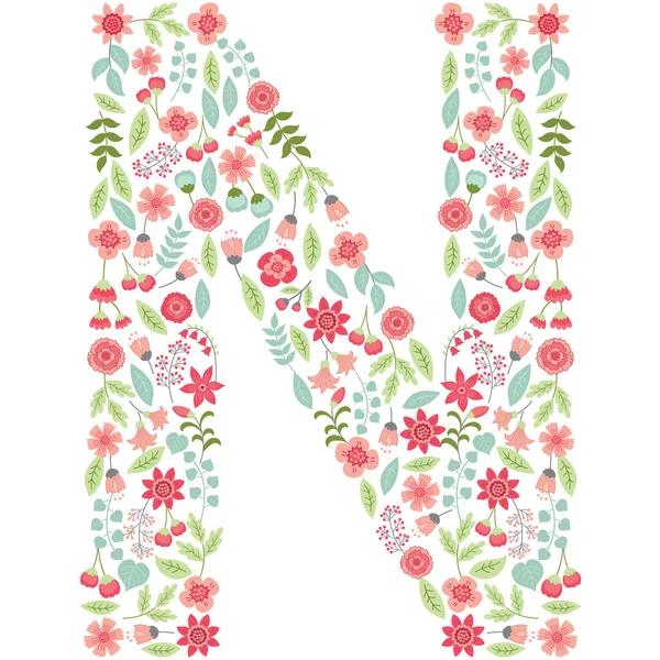 Carta floral vectorial N. Vector floral abc. Alfabeto floral inglés. Ilustración del vector fuente . — Archivo Imágenes Vectoriales