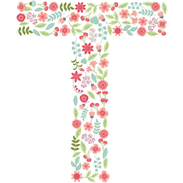Vector floral letter T. Vector floral abc. English floral alphabet. Font vector illustration. — Stock Vector