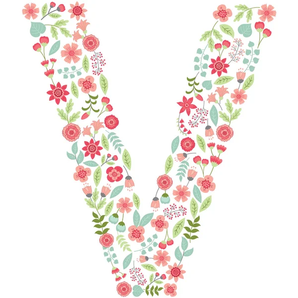 Lettera vettoriale floreale V. Vettoriale floreale abc. Alfabeto floreale inglese. Illustrazione vettoriale carattere . — Vettoriale Stock