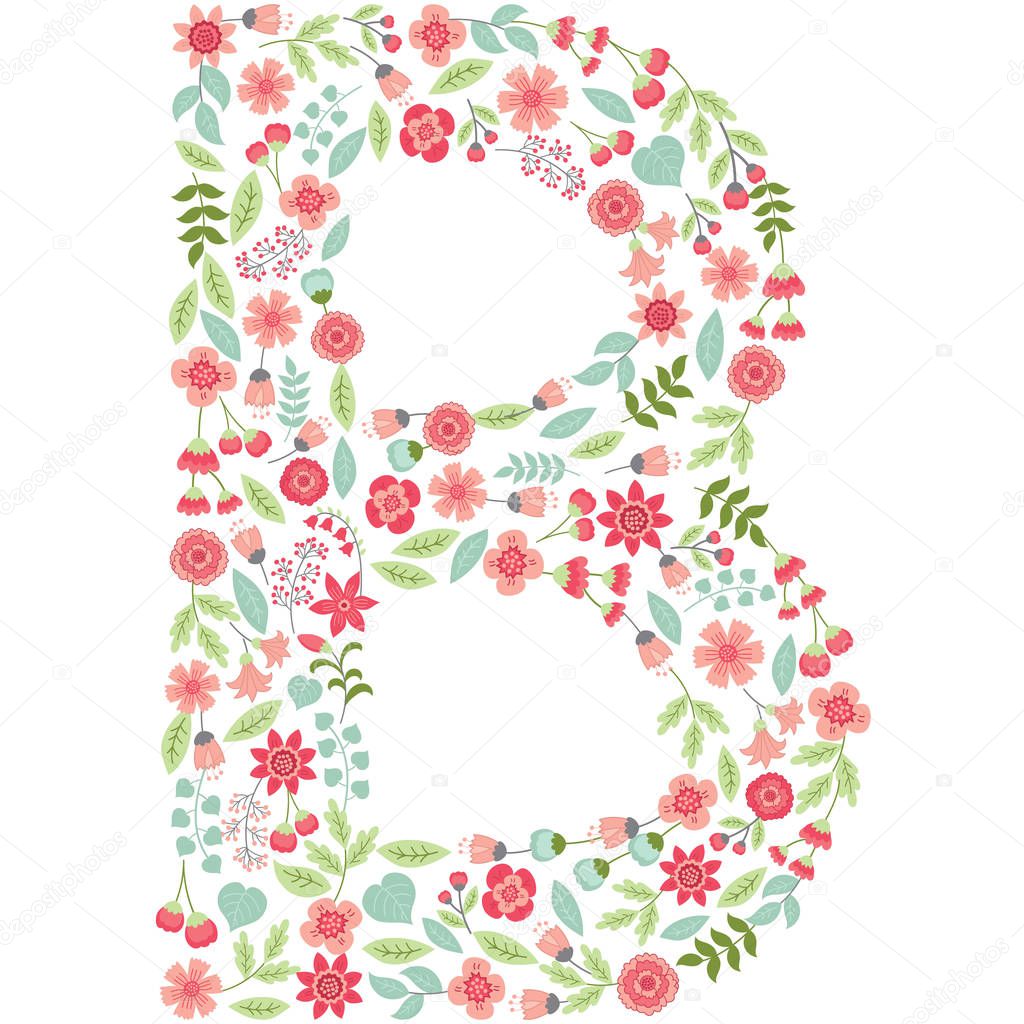 Vector floral letter B. Vector floral abc. English floral alphabet. Font vector illustration. 
