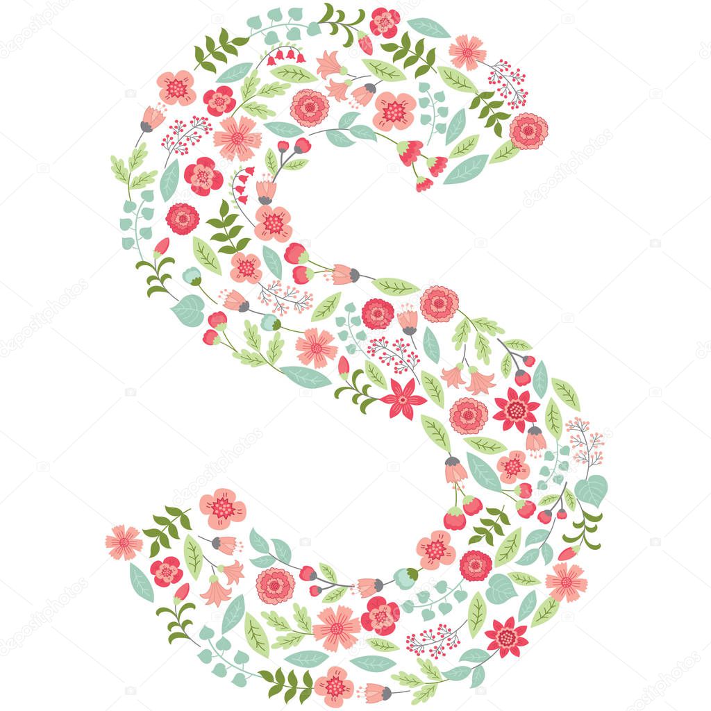 Vector floral letter S. Vector floral abc. English floral alphabet. Font vector illustration. 