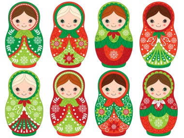 Vektör Rus geleneksel Matryoshka ayarlayın. Vektör Rus iç içe bebek. Noel Matreshka Clipart. 