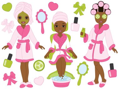 Vektör Afro-Amerikan Spa kız ayarla. Vektör Spa. Spa kız Clipart. Spa vektör çizim. 