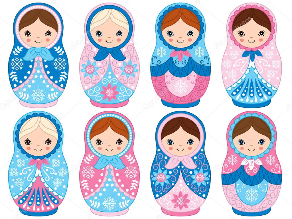 Vector Russian Traditional Matryoshka set. Vector Russian Nesting Dolls. Winter Matreshka Clipart. 
