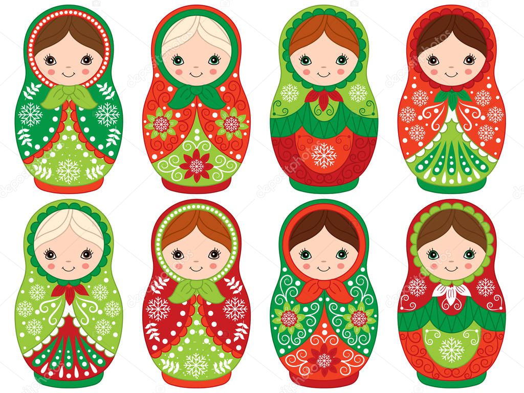 Vector Russian Traditional Matryoshka set. Vector Russian Nesting Dolls. Christmas Matreshka Clipart. 