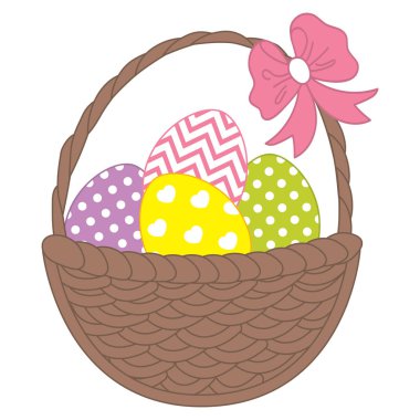 Renkli Paskalya yumurtaları ile vektör hasır sepet. Vektör yumurta.