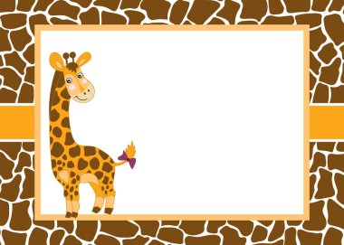 Vektör kartı şablonu benekli cilt arka plan üzerinde şirin bir zürafa. Vektör bebek zürafa.