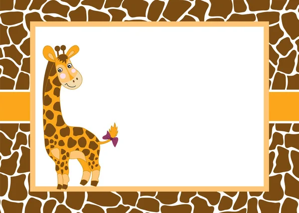 Vector kaartsjabloon met een leuke giraf op gevlekte huid achtergrond. Vector Baby Giraffe. — Stockvector