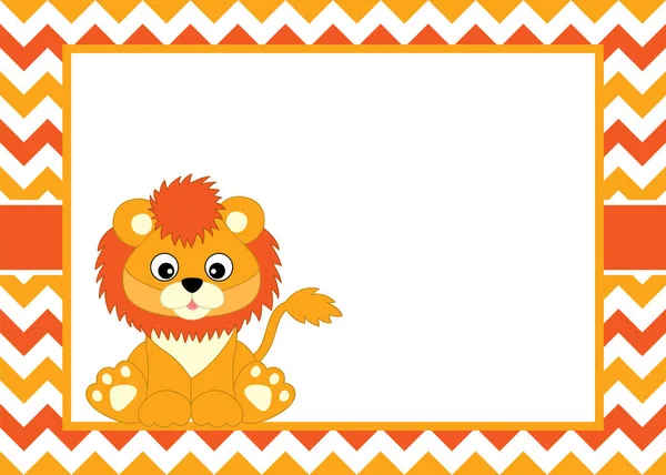 シェブロンの背景にかわいいライオンを持つベクトル カード テンプレート。赤ちゃんライオンのベクトル. — ストックベクタ