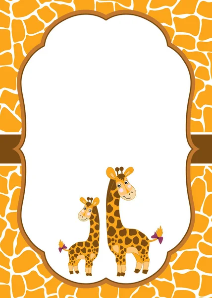 Vector kaartsjabloon met schattige giraffen op gevlekte huid achtergrond. Vector Baby Giraffe. — Stockvector