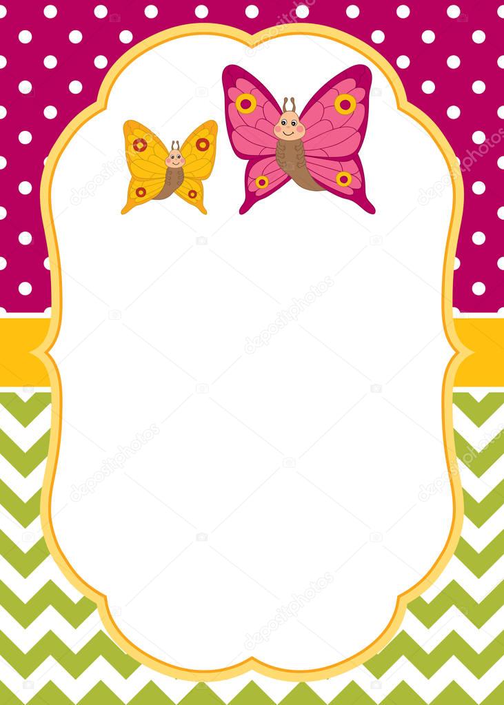 Vector Card Template with Cartoon Butterflies on Polka Dot and Chevron Background. Vector Butterflies.