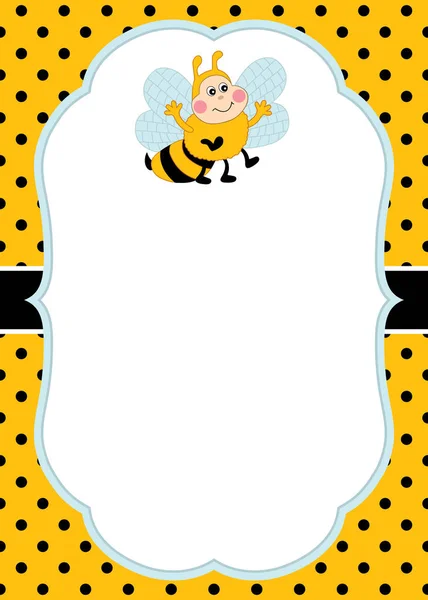 Vector Card Template with a Cartoon Bee on Polka Dot Background. Vector Bee. — Stock Vector