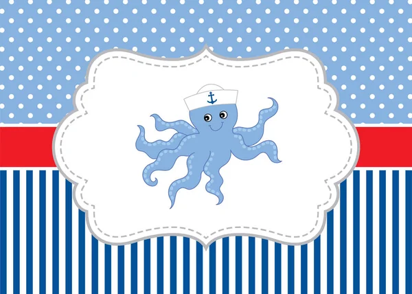 Vector kaartsjabloon met een leuke Octopus op Polka Dot en strepen achtergrond. Vector nautische. — Stockvector