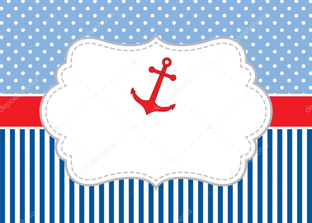 Vector Card Template with an Anchor Whales on Polka Dot and Stripes Background. Vector Nautical.