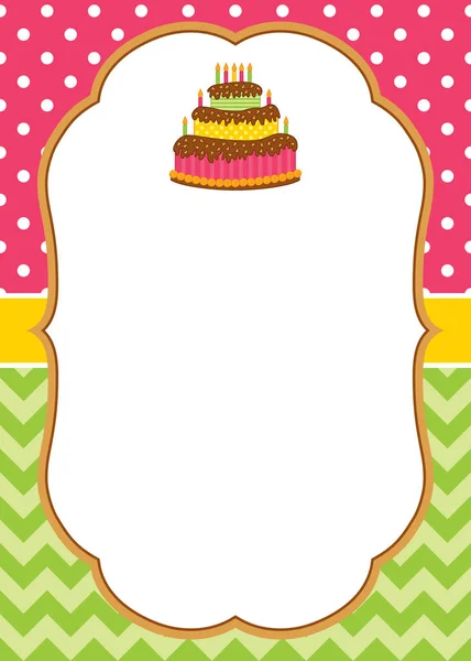 Modelo de cartão vetorial com um bolo e velas em listras e fundo de bolinhas . — Vetor de Stock