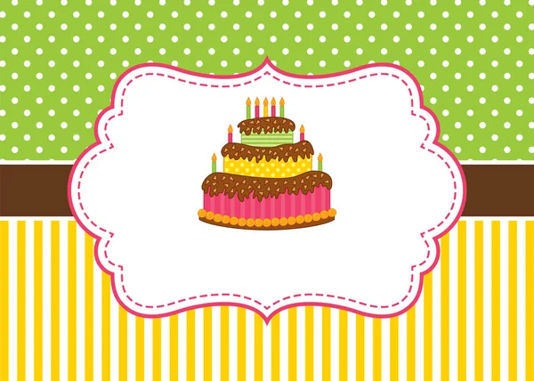 Διάνυσμα πρότυπο κάρτας με μια τούρτα και κεριά σε ρίγες και πουά φόντο. — Διανυσματικό Αρχείο