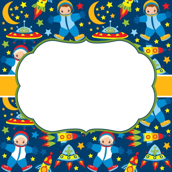 Vector Card Template with a Frame on a Space Background. Vector Astronauts and Space Elements. — Stock Vector