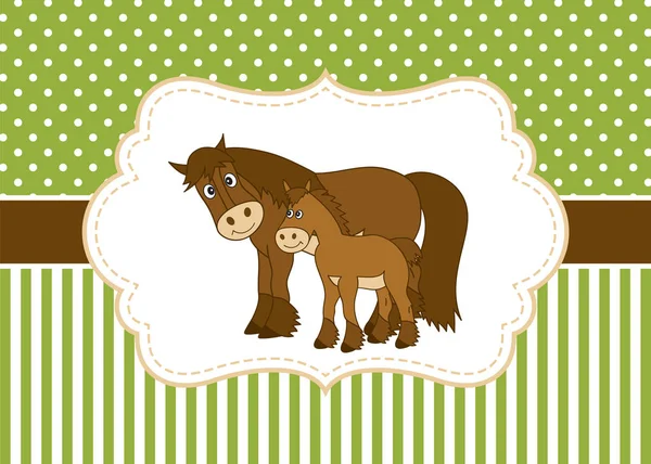 Templat Vector Card dengan Cute Horse dan Foal. Vektor kuda . - Stok Vektor