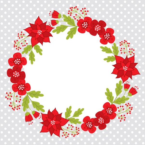 Plantilla de tarjetas vectoriales de Navidad y Año Nuevo con una corona floral de invierno sobre fondo de lunares. Vector Poinsettia . — Archivo Imágenes Vectoriales