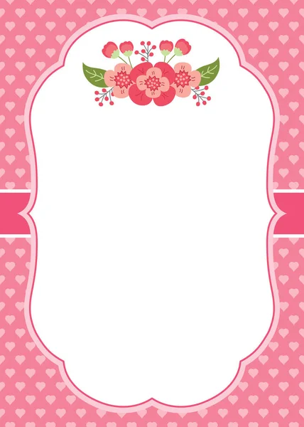 Plantilla de tarjeta vectorial con flores rosadas en el fondo de corazones . — Archivo Imágenes Vectoriales