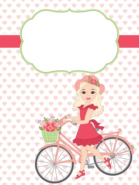 Διάνυσμα πρότυπο κάρτας με μια όμορφη κοπέλα και ποδηλάτων σε φόντο καρδιές. — Διανυσματικό Αρχείο