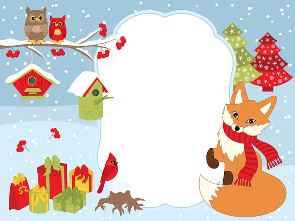 Διάνυσμα Χριστούγεννα και νέο έτος πρότυπο κάρτας με μια αλεπού, κουκουβάγιες στο υποκατάστημα, Καρδινάλιος, Birdhouses και κουτιά δώρου σε χιόνι υπόβαθρο. — Διανυσματικό Αρχείο