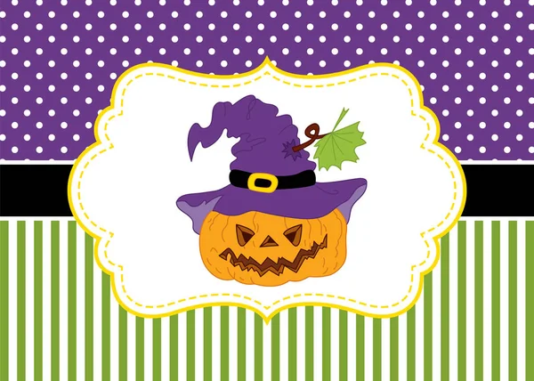 Plantilla de tarjeta vectorial con calabaza sobre lunares y fondo de rayas. Vector Halloween . — Archivo Imágenes Vectoriales