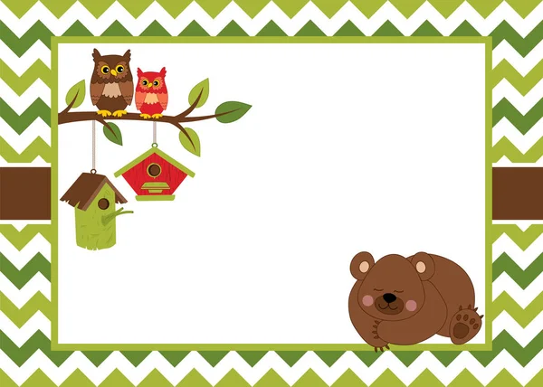 Vector Card Template with a Cartoon Bear, Owls on the Branch, Birdhouses on Chevron Background. — Stock Vector