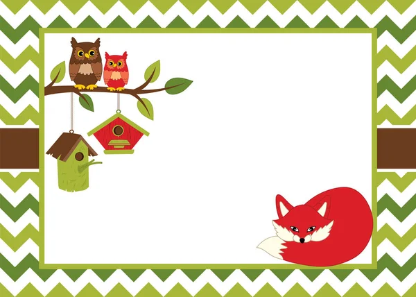 Vector Card Template with a Cartoon Fox, Owls on the Branch, Birdhouses on Chevron Background. — Stock Vector