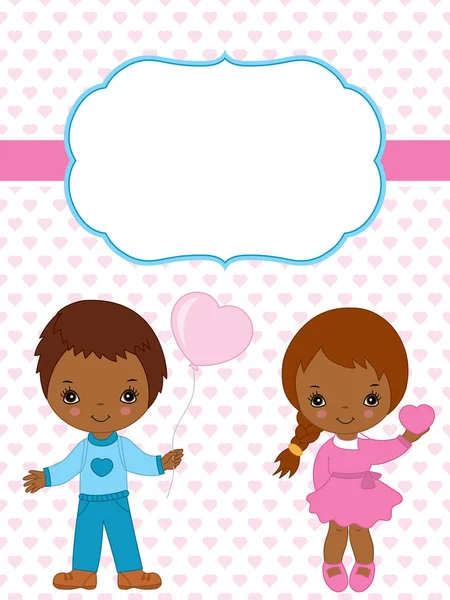 Vector Valentine's Card Template with Cute African American Little kids on Hearts Background. — Stock Vector