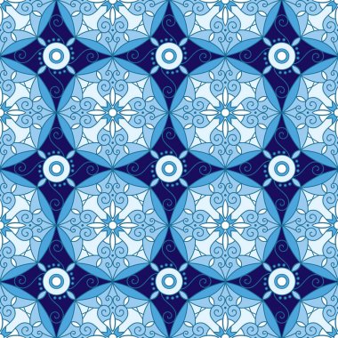 Mavi ve lacivert renkte çiçek süsleme ile soyut geometrik Seamless Modeli.