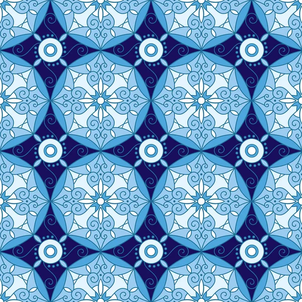 Abstraktní geometrické vzor bezešvé s florálním ornamentem v barvě modré a tmavě. — Stockový vektor