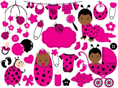 Uğur böceği desenli vektör bebek kız Set. Vektör Afrikalı-Amerikalı bebek kız. Vektör uğur böceği. 