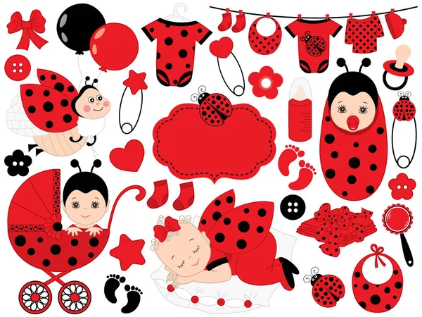 Vector Baby Girl Set with Ladybug Pattern. Vector Baby Girl. Vector Ladybug. — Stock Vector