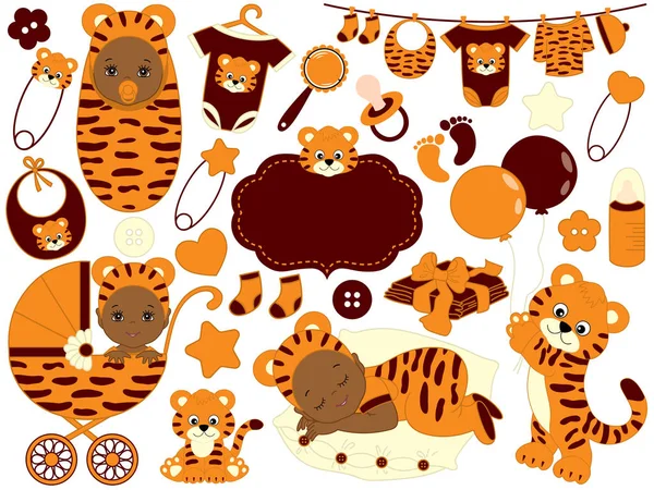 Vector Baby Boy Set with Tiger Pattern.  Vector Baby Shower. — Stock Vector