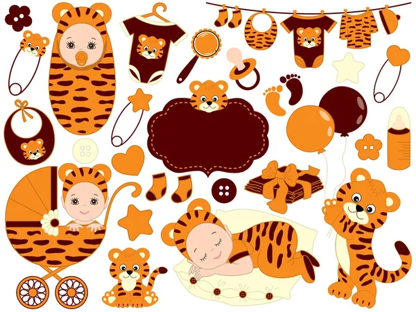 Vector Baby Set with Tiger Pattern.  Vector Baby Shower. — Stock Vector