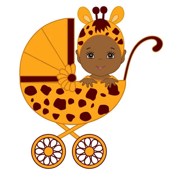 Vector African American schattige Baby in Giraffe kostuum zitten in de wandelwagen. — Stockvector