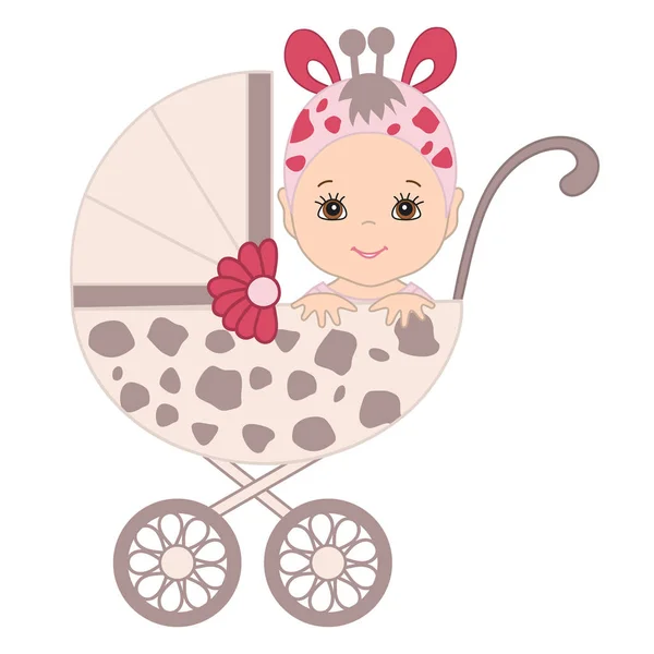 Vector lindo bebé en traje de jirafa sentado en el cochecito . — Archivo Imágenes Vectoriales