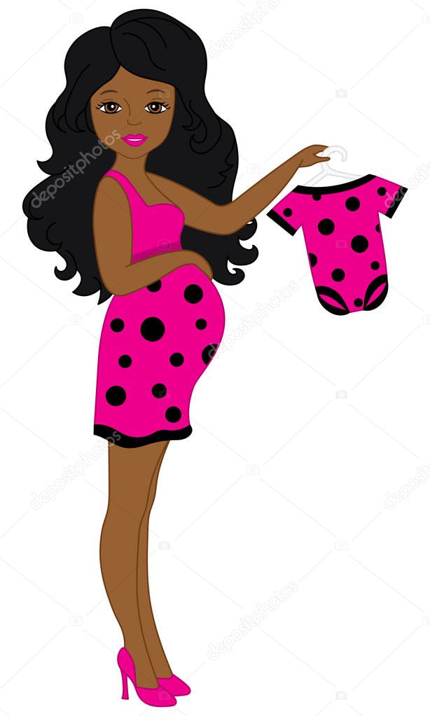 Vector African American Pregnant Woman in Pink Dress with Ladybug Pattern Holding a Bodysuit.