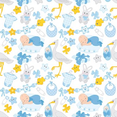 Vektör erkek bebek, leylek ve oyuncaklar ile Seamless modeli. Bebek çocuk duş için seamless modeli.