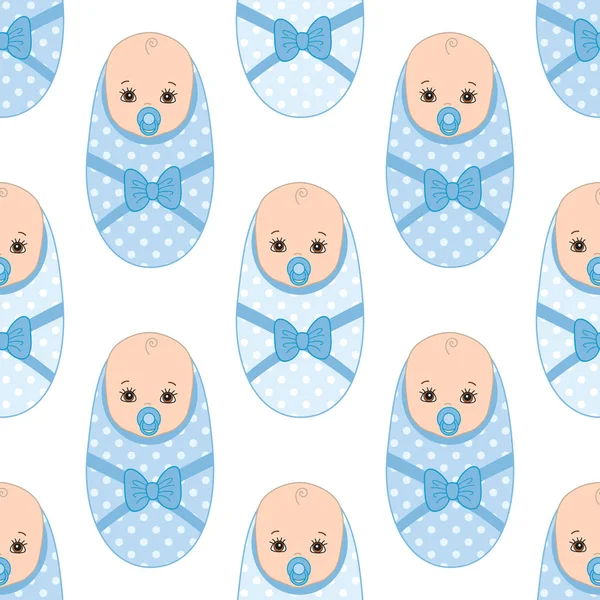 Modèle sans couture vectoriel avec bébé garçon enveloppé dans une couverture. Modèle sans couture pour bébé garçon douche . — Image vectorielle