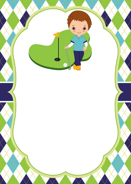 Vektör kartı şablonu küçük çocuk Golf oynuyor. Baklava dokulu arka plan. Golf vektör çizim. — Stok Vektör