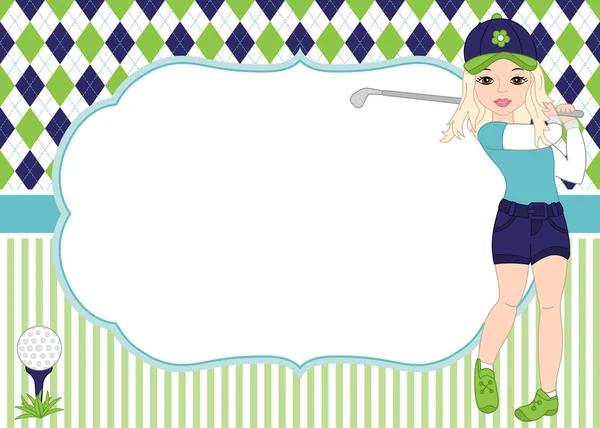 Vektorkartenvorlage mit Mädchen beim Golfspielen. Argyle-Hintergrund. Golf-Vektor-Illustration. — Stockvektor