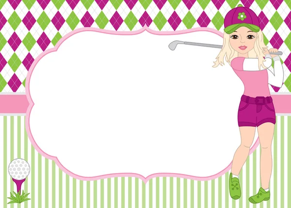 Διάνυσμα πρότυπο κάρτας με κορίτσι παίζει γκολφ. Argyle φόντο. Εικονογράφηση διάνυσμα γκολφ. — Διανυσματικό Αρχείο