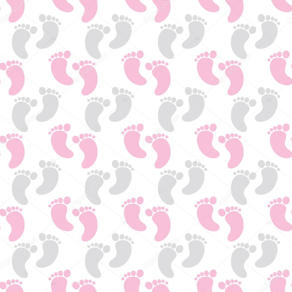 Vector Seamless Pattern with Baby Girl Footprints. Seamless Pattern for Baby Girl Shower.