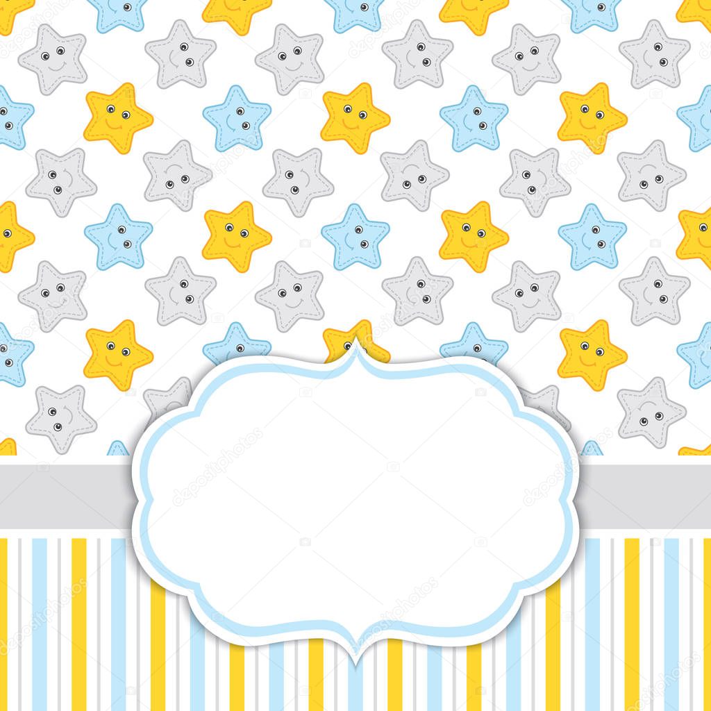 Card Template with Stars Background.  Baby Boy Shower Vector Illustration.